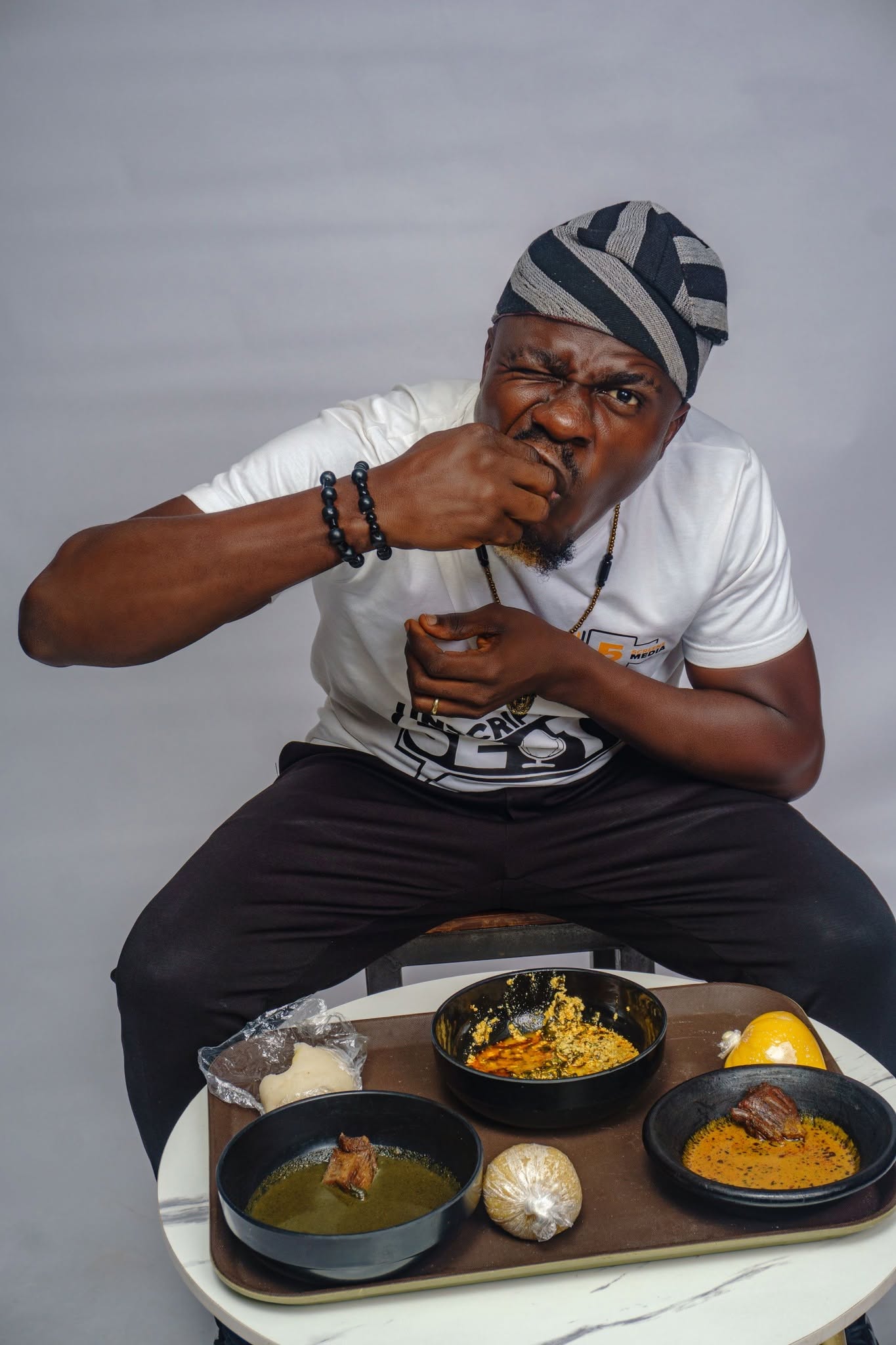 Edafe Dmouthpiece in comedic food skit, exaggerated expression